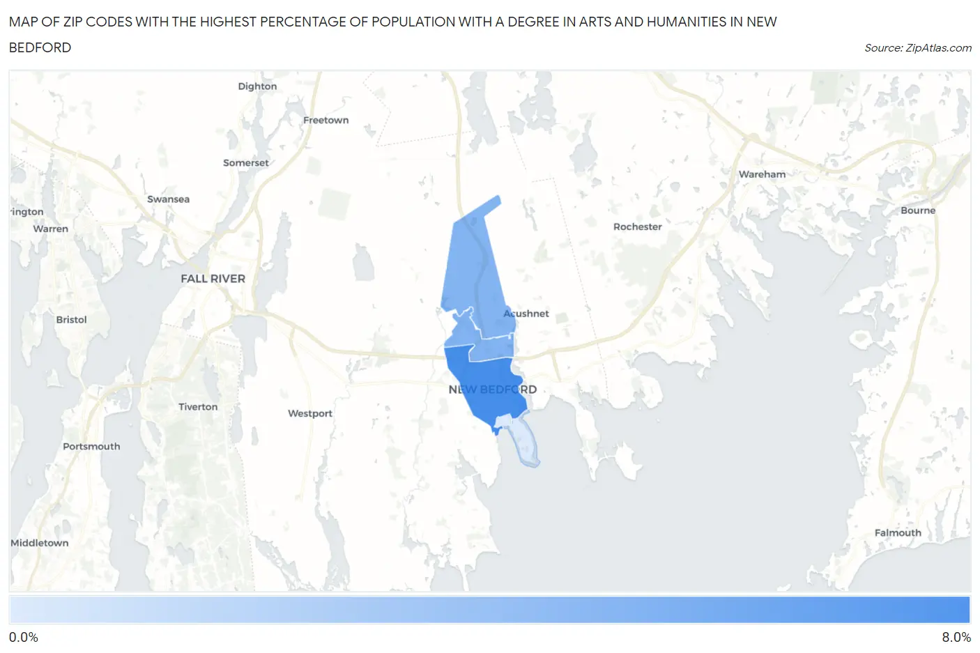 Zip Codes with the Highest Percentage of Population with a Degree in Arts and Humanities in New Bedford Map