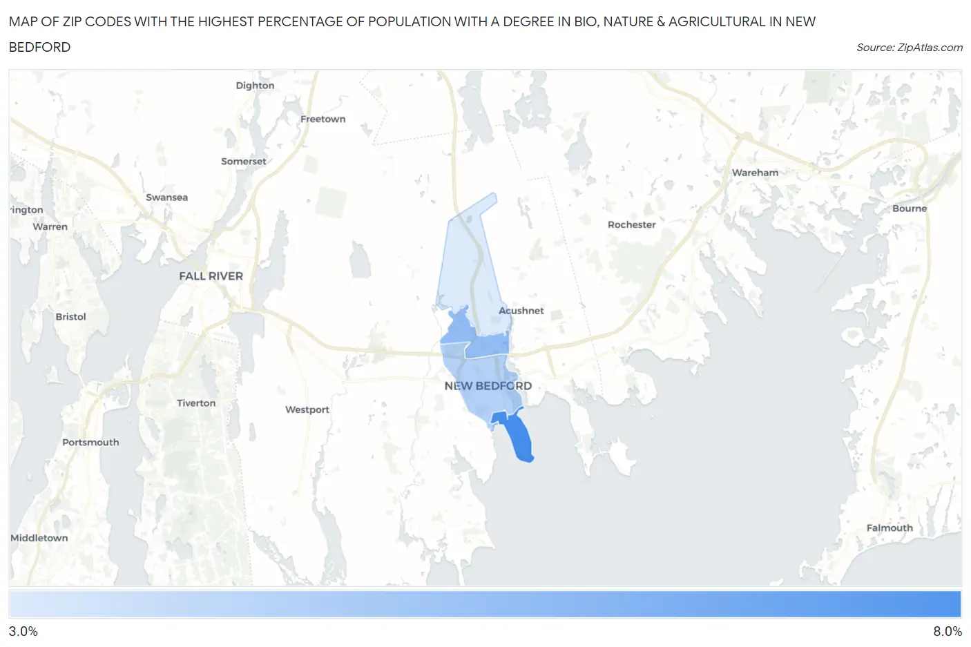 Zip Codes with the Highest Percentage of Population with a Degree in Bio, Nature & Agricultural in New Bedford Map