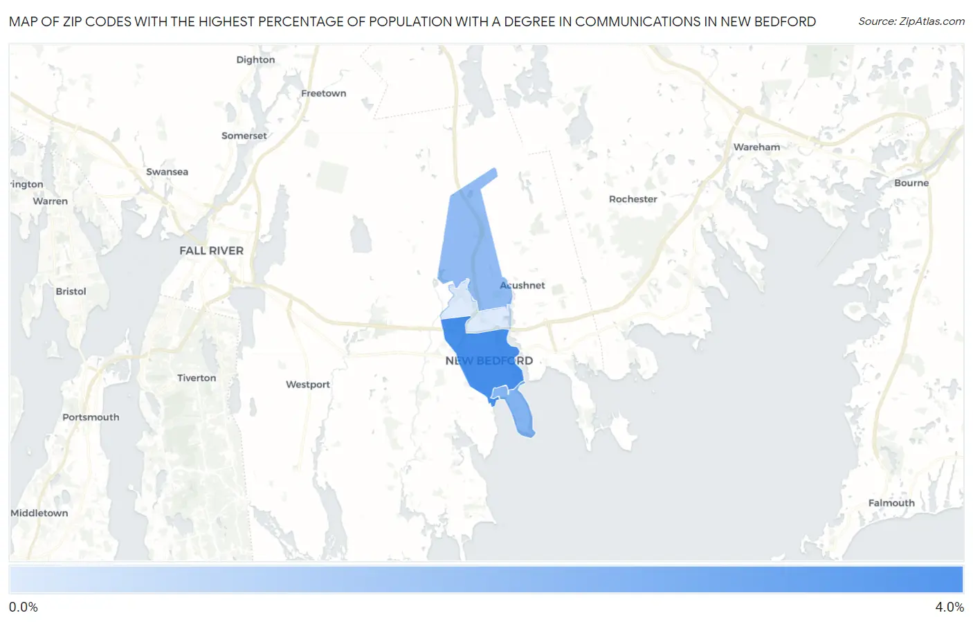 Zip Codes with the Highest Percentage of Population with a Degree in Communications in New Bedford Map