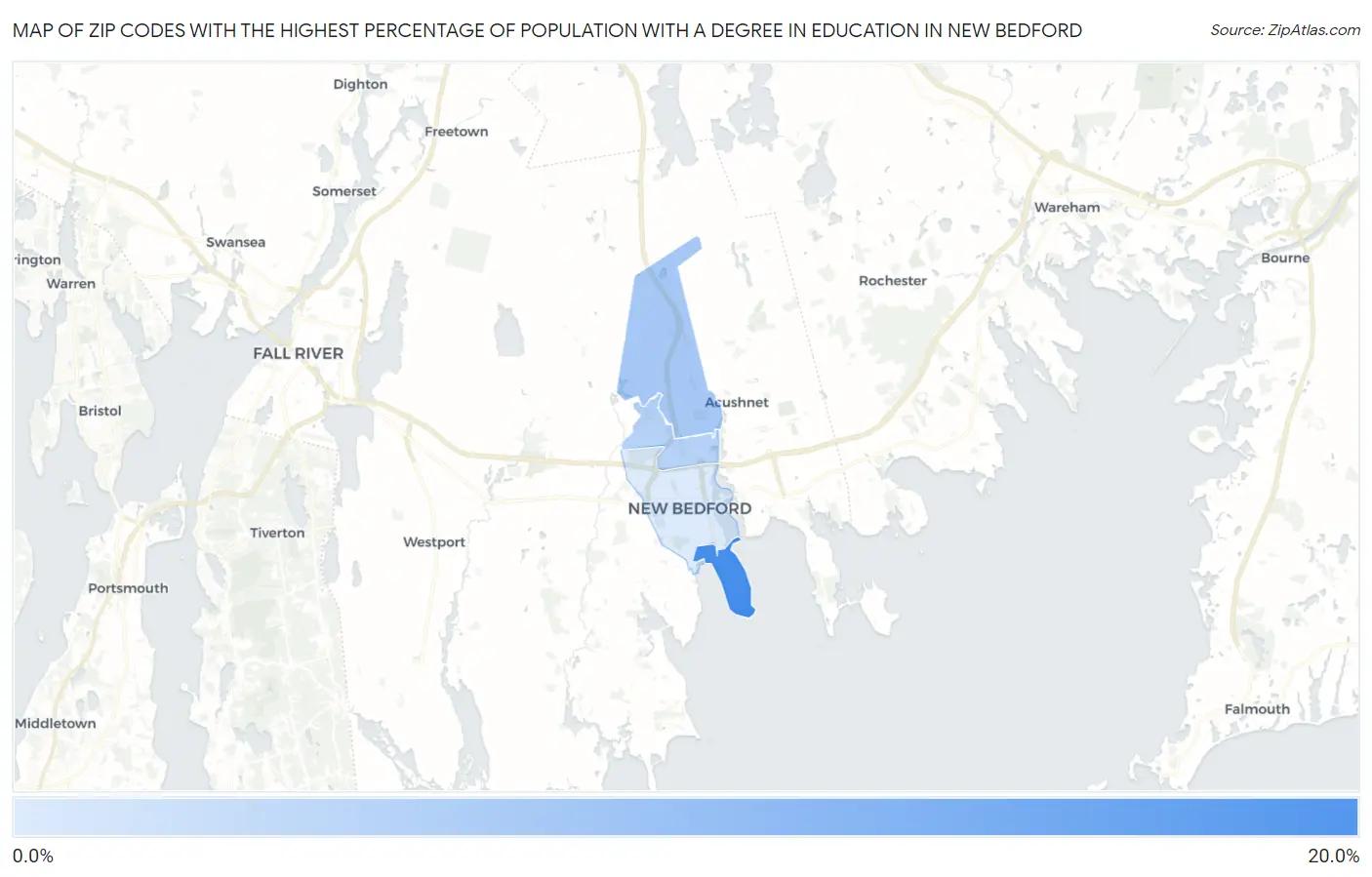 Zip Codes with the Highest Percentage of Population with a Degree in Education in New Bedford Map