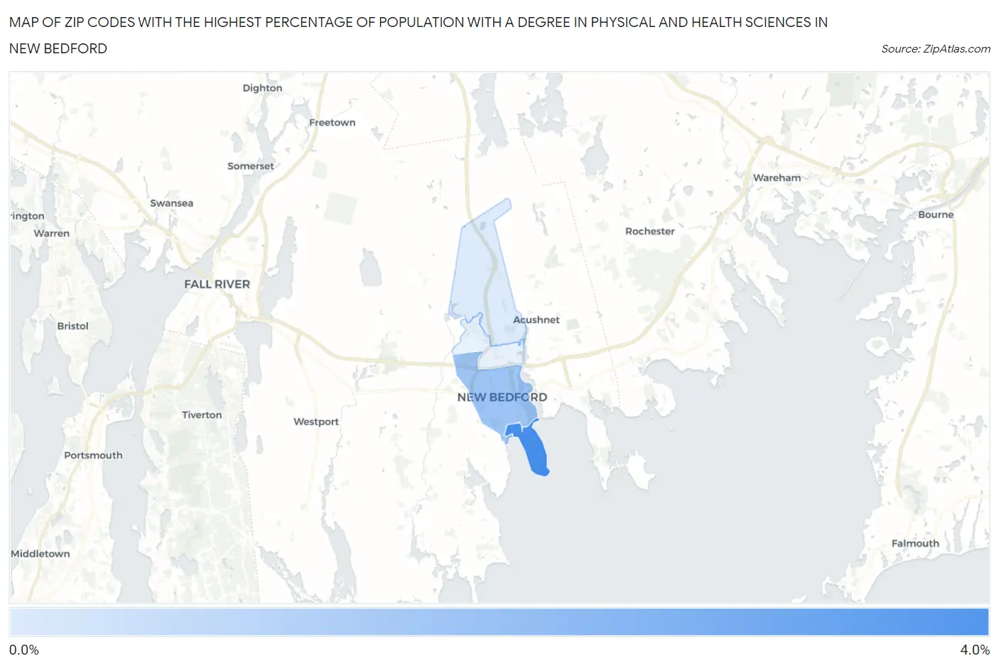 Zip Codes with the Highest Percentage of Population with a Degree in Physical and Health Sciences in New Bedford Map