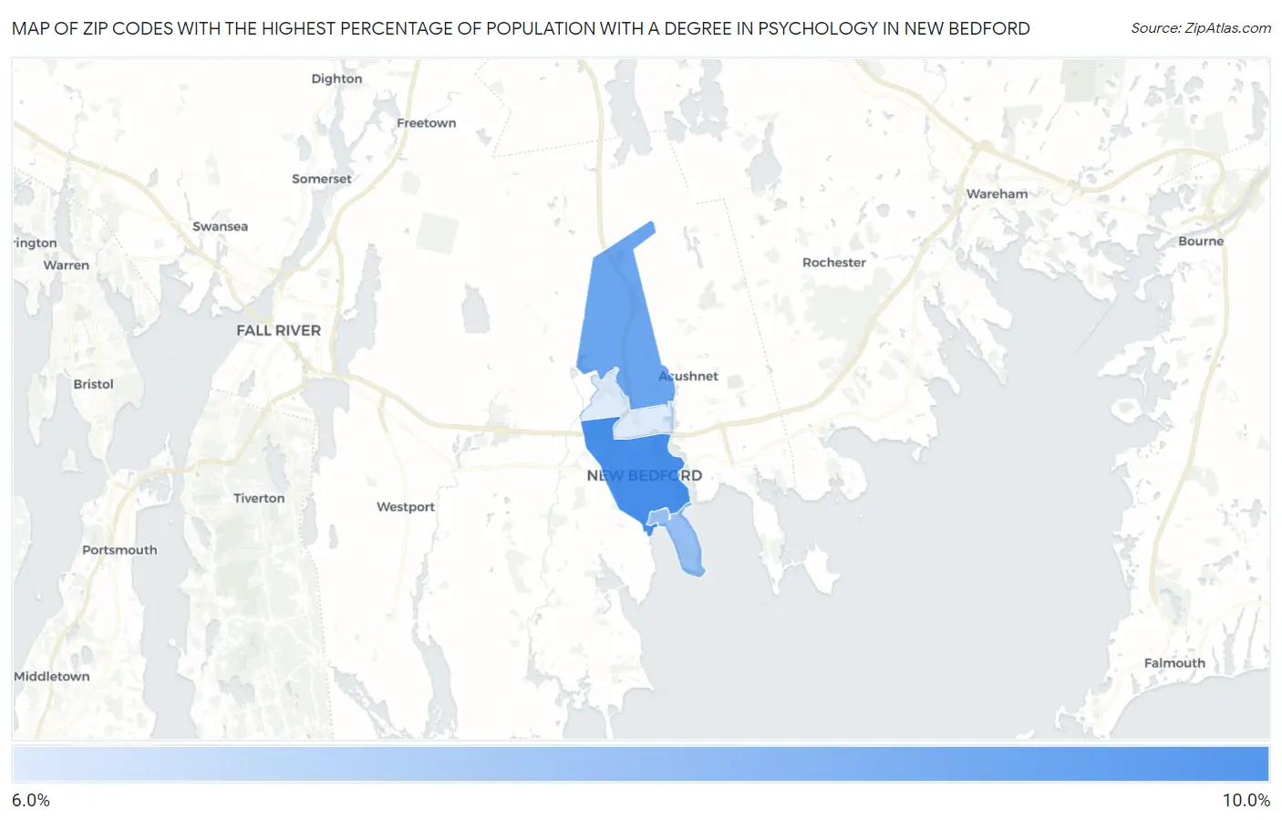 Zip Codes with the Highest Percentage of Population with a Degree in Psychology in New Bedford Map