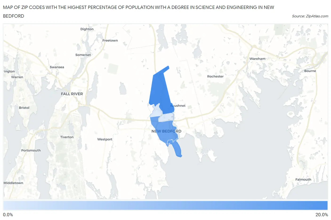 Zip Codes with the Highest Percentage of Population with a Degree in Science and Engineering in New Bedford Map