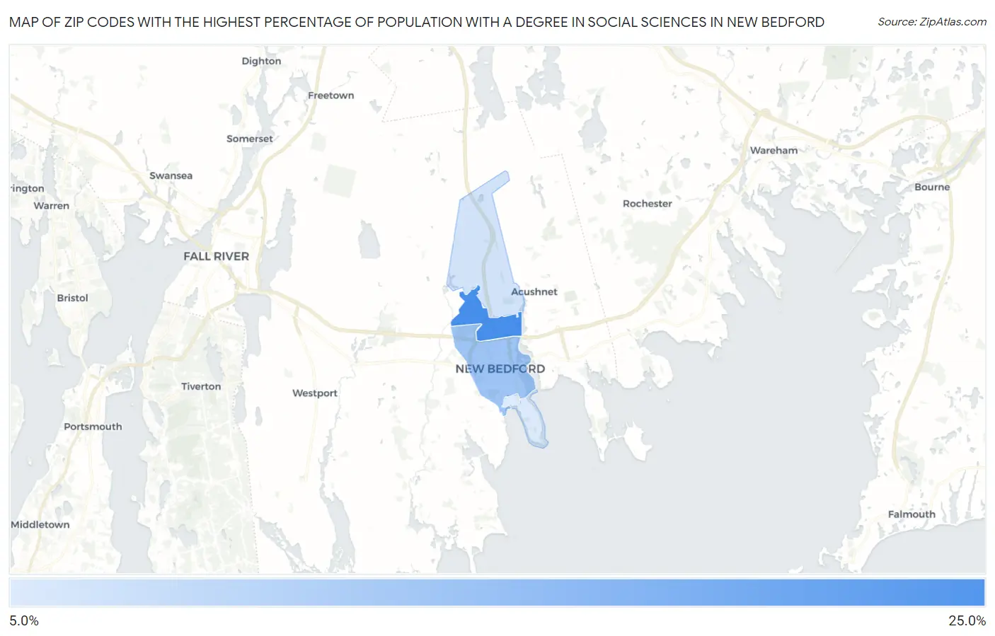 Zip Codes with the Highest Percentage of Population with a Degree in Social Sciences in New Bedford Map