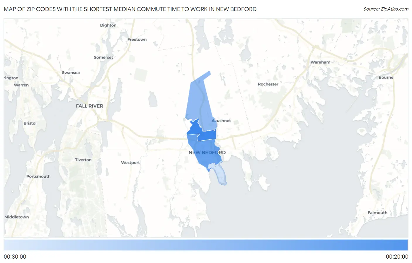 Zip Codes with the Shortest Median Commute Time to Work in New Bedford Map