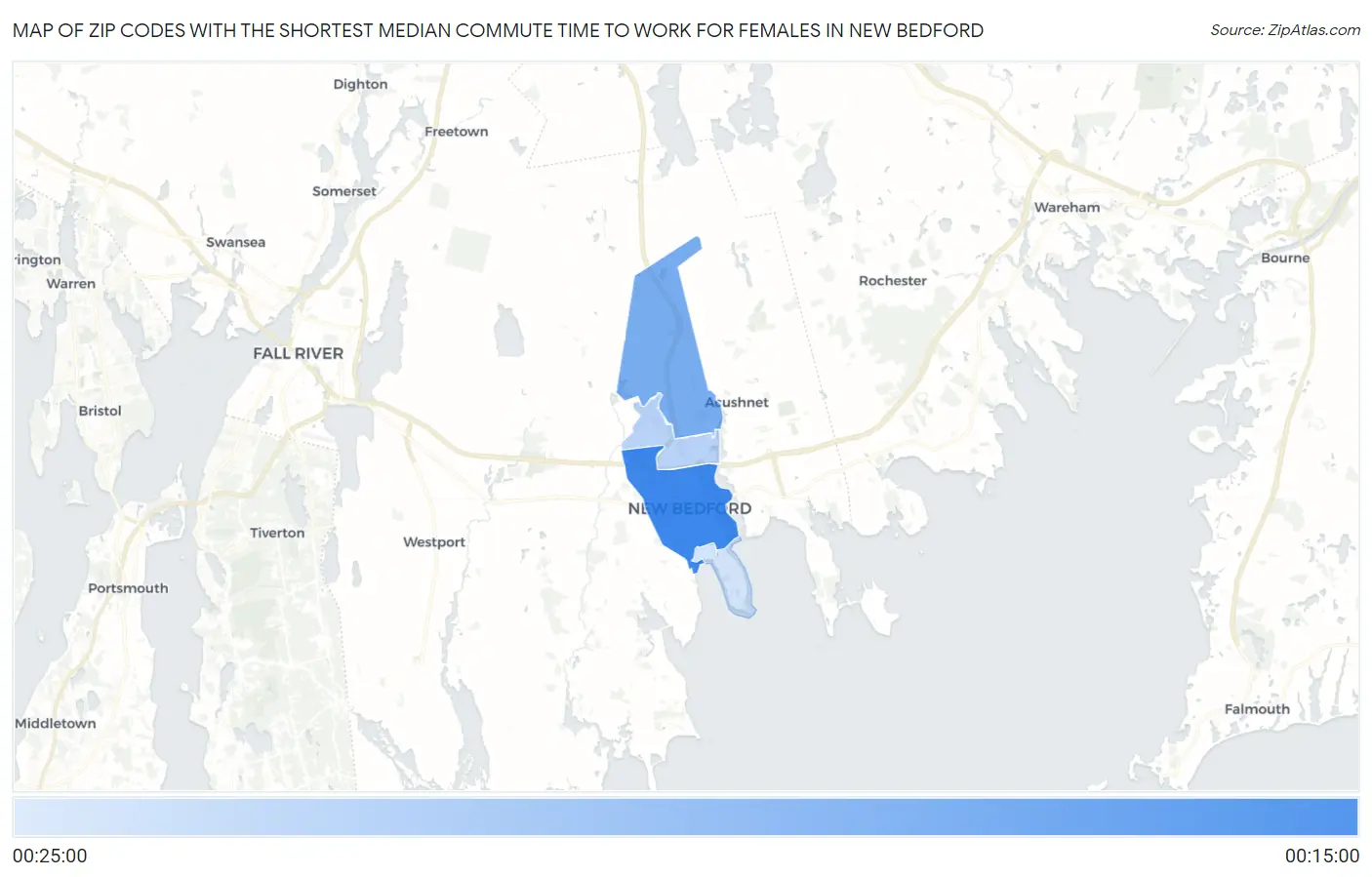 Zip Codes with the Shortest Median Commute Time to Work for Females in New Bedford Map