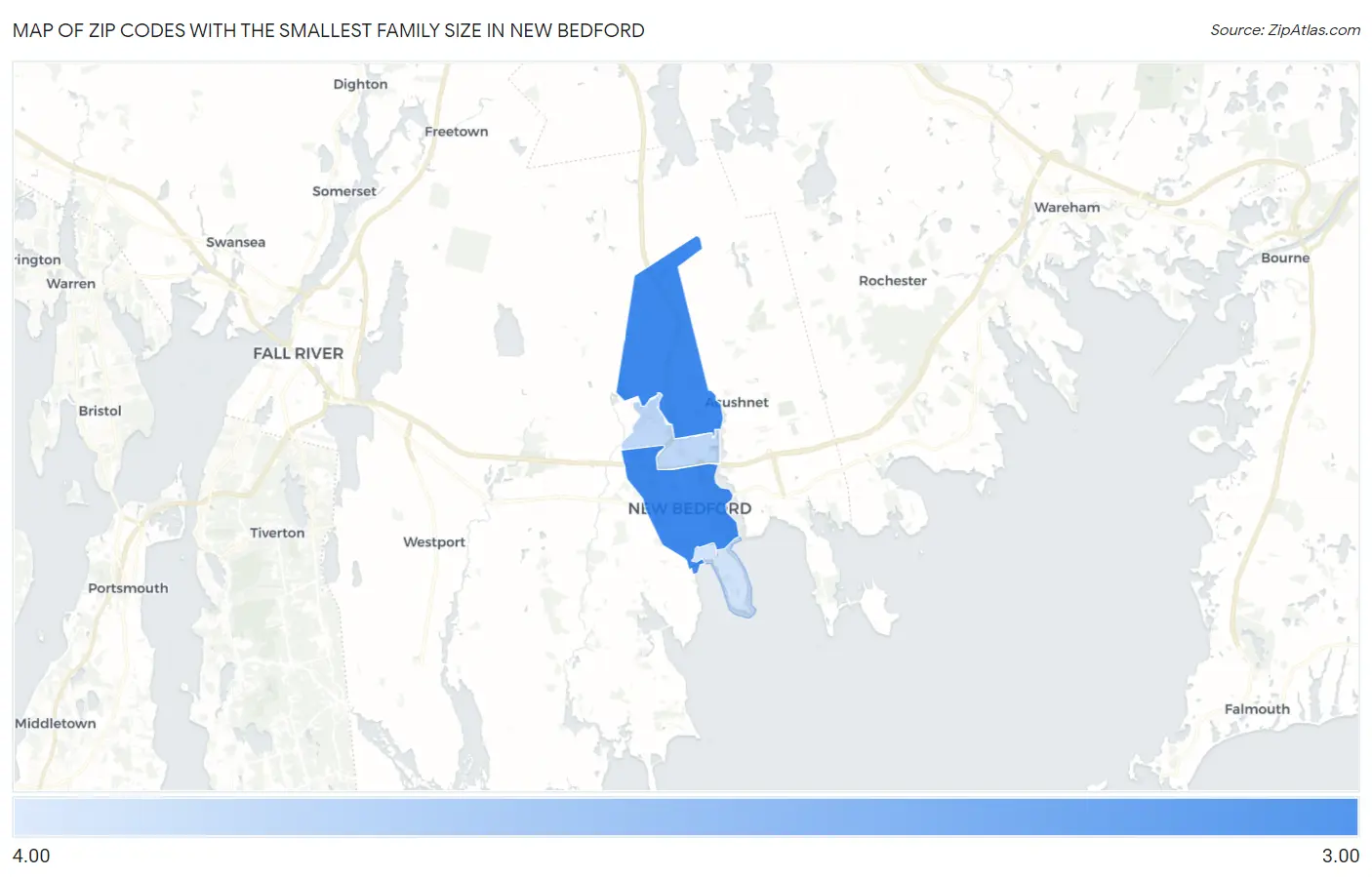 Zip Codes with the Smallest Family Size in New Bedford Map