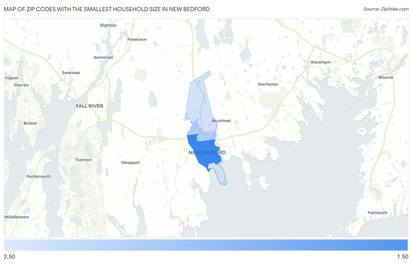 Zip Codes with the Smallest Household Size in New Bedford Map