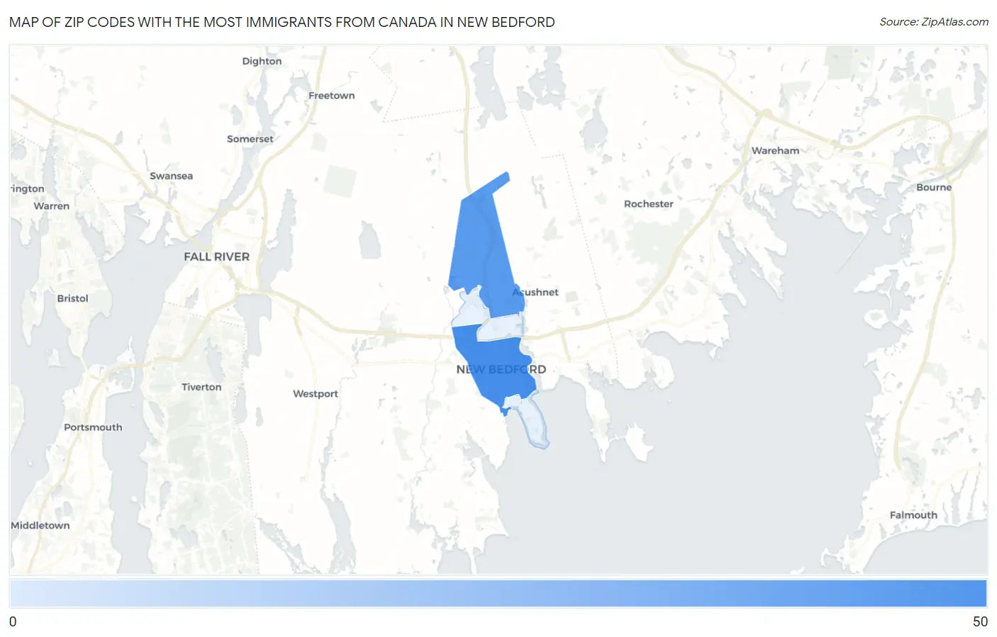 Zip Codes with the Most Immigrants from Canada in New Bedford Map