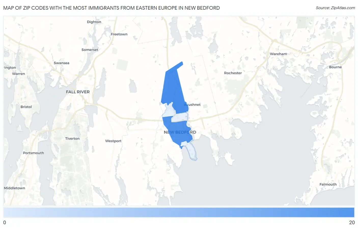 Zip Codes with the Most Immigrants from Eastern Europe in New Bedford Map
