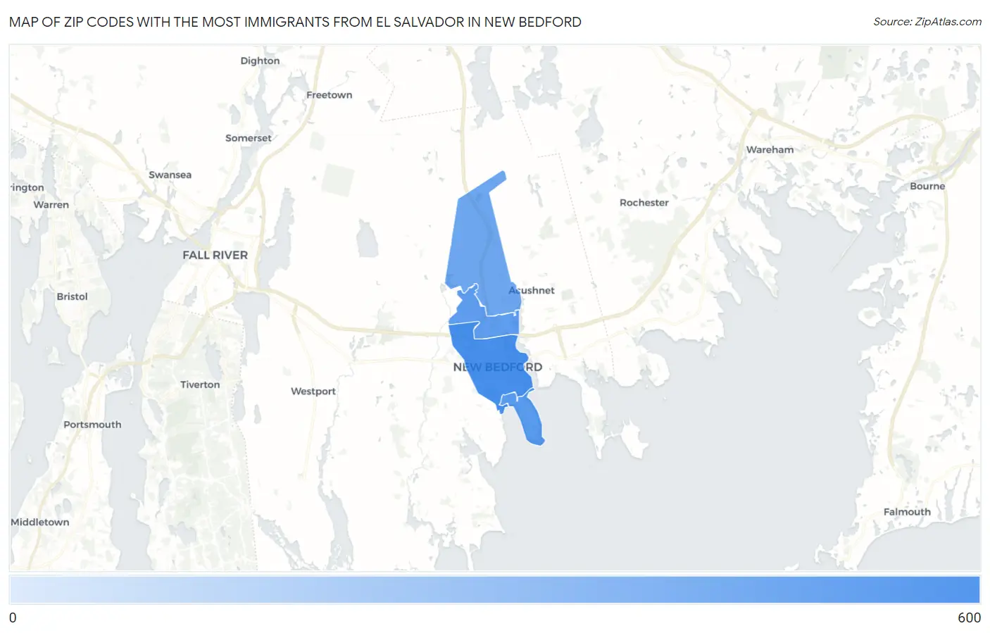Zip Codes with the Most Immigrants from El Salvador in New Bedford Map