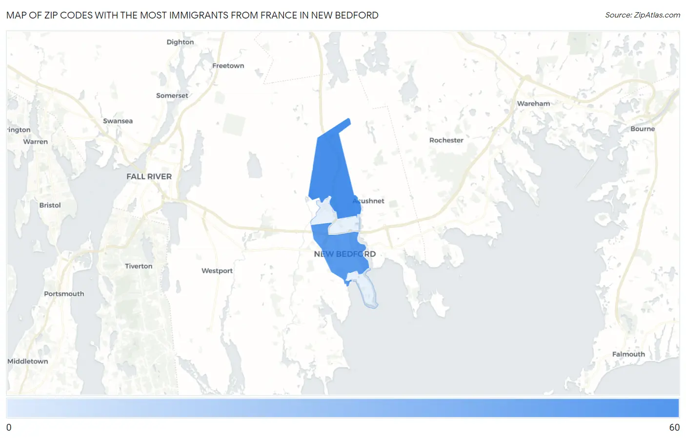 Zip Codes with the Most Immigrants from France in New Bedford Map