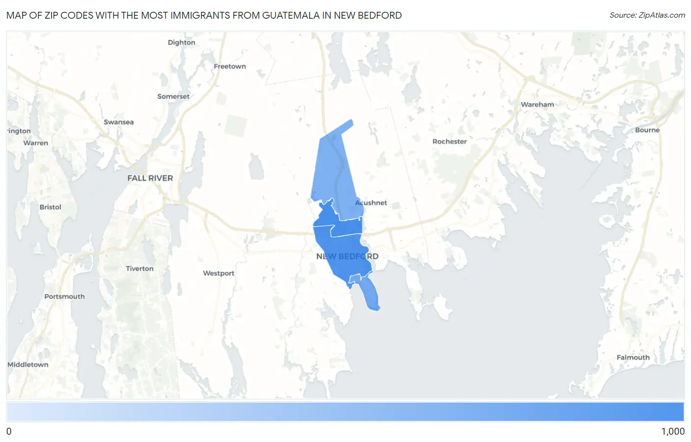 Zip Codes with the Most Immigrants from Guatemala in New Bedford Map