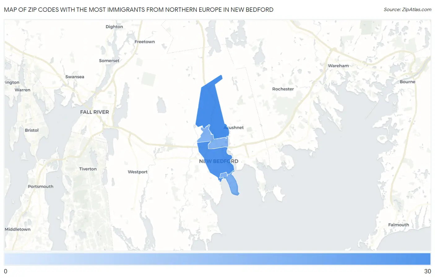 Zip Codes with the Most Immigrants from Northern Europe in New Bedford Map