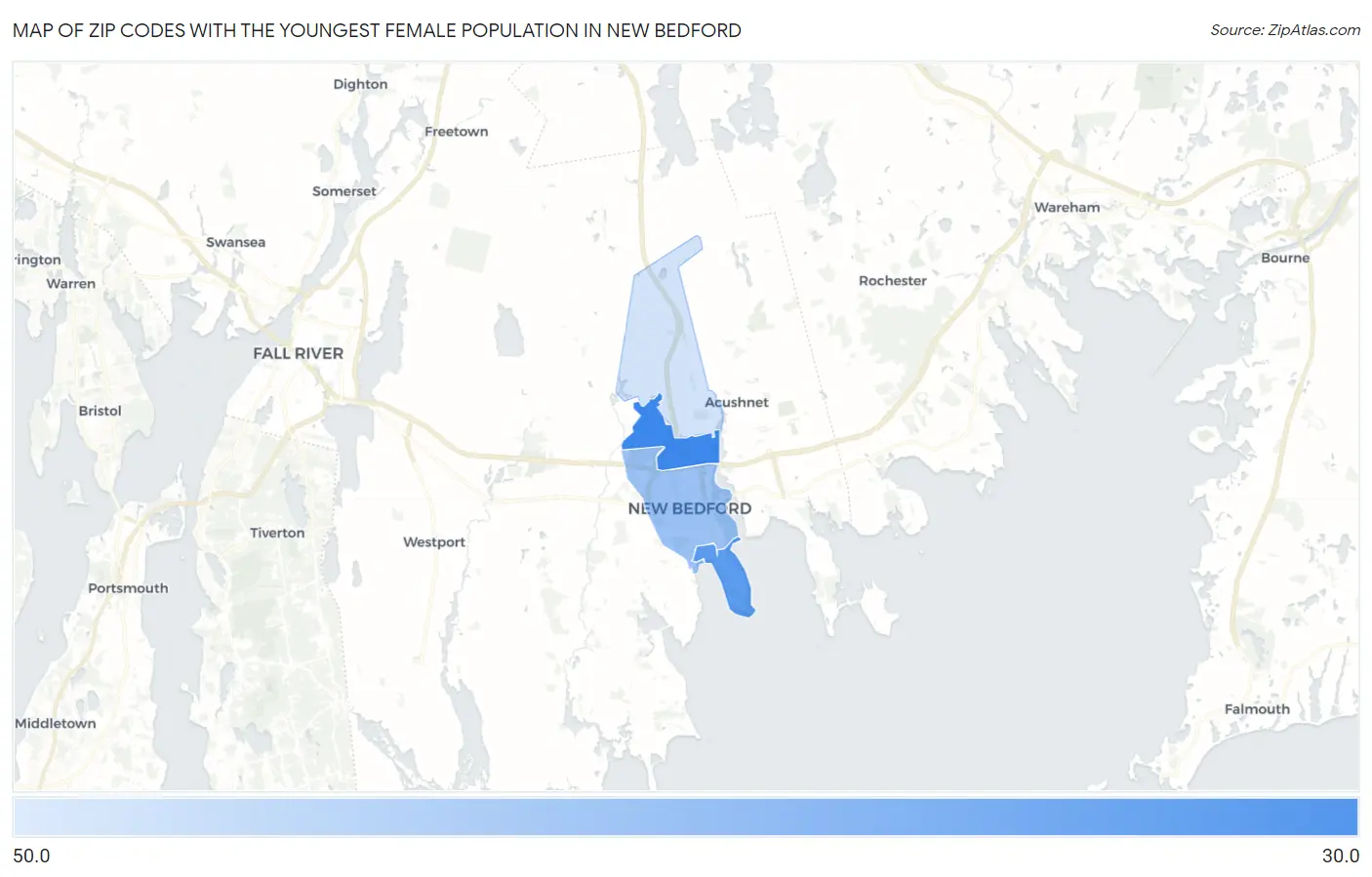 Zip Codes with the Youngest Female Population in New Bedford Map