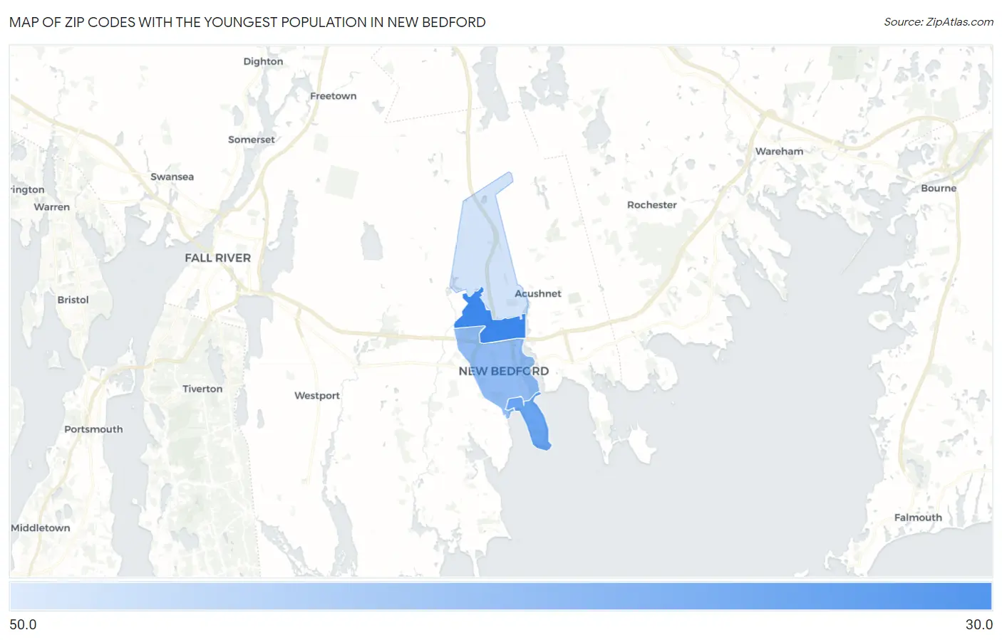 Zip Codes with the Youngest Population in New Bedford Map