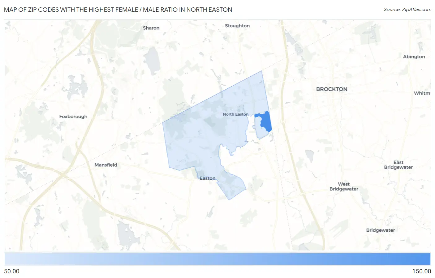 Zip Codes with the Highest Female / Male Ratio in North Easton Map
