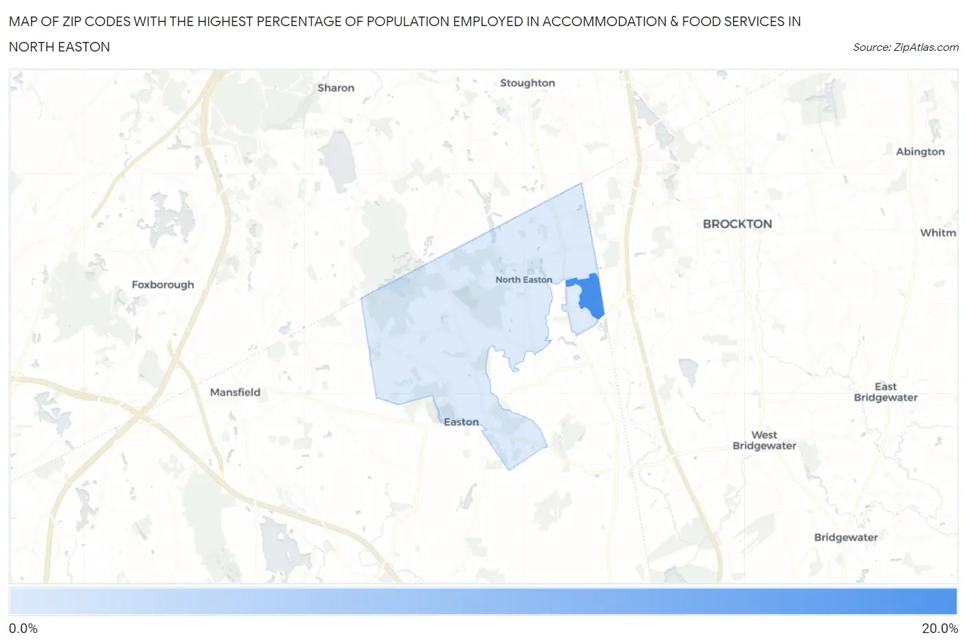 Zip Codes with the Highest Percentage of Population Employed in Accommodation & Food Services in North Easton Map