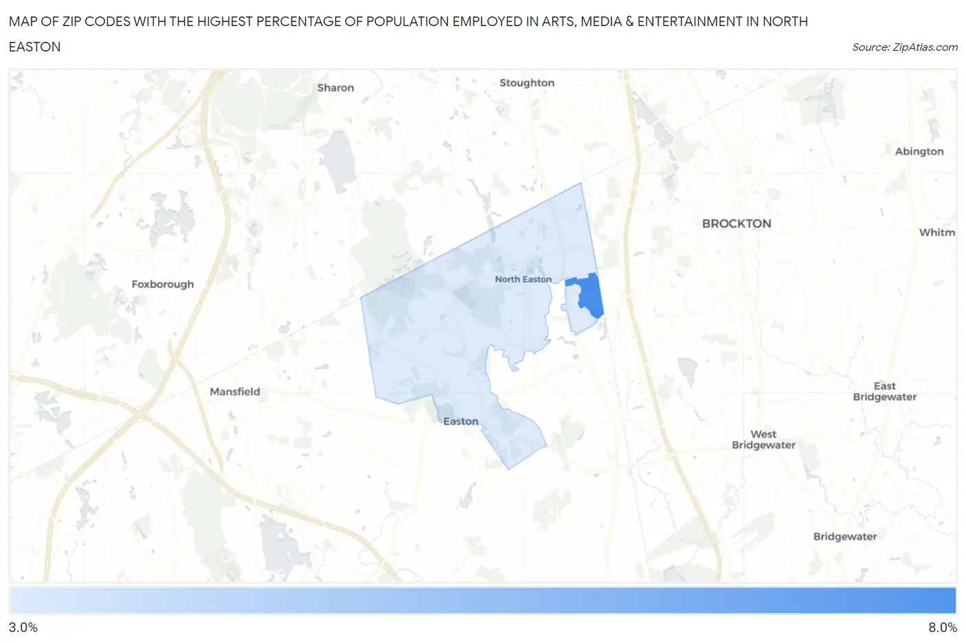 Zip Codes with the Highest Percentage of Population Employed in Arts, Media & Entertainment in North Easton Map