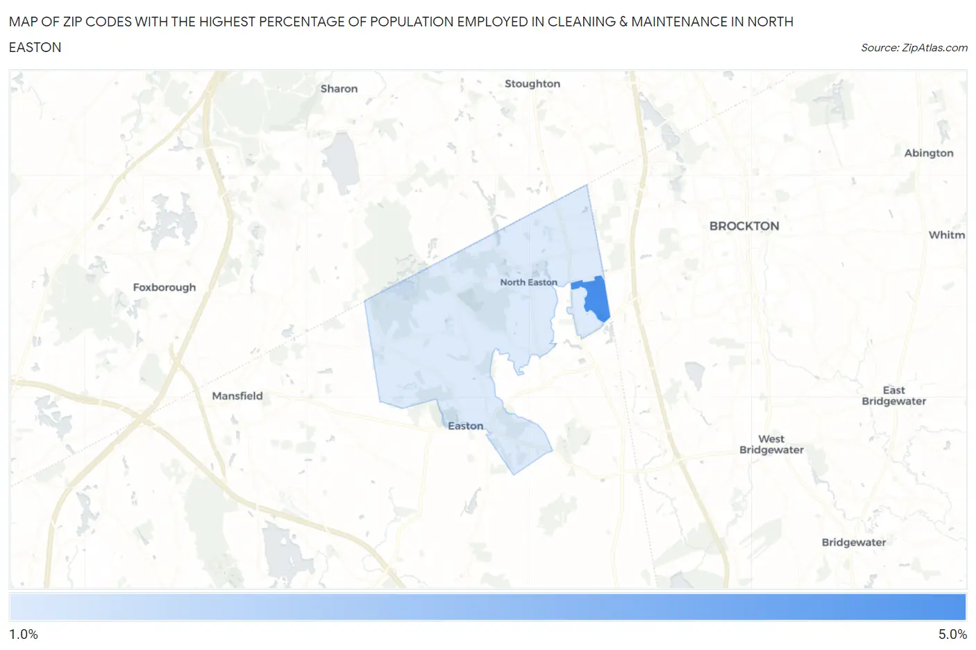 Zip Codes with the Highest Percentage of Population Employed in Cleaning & Maintenance in North Easton Map