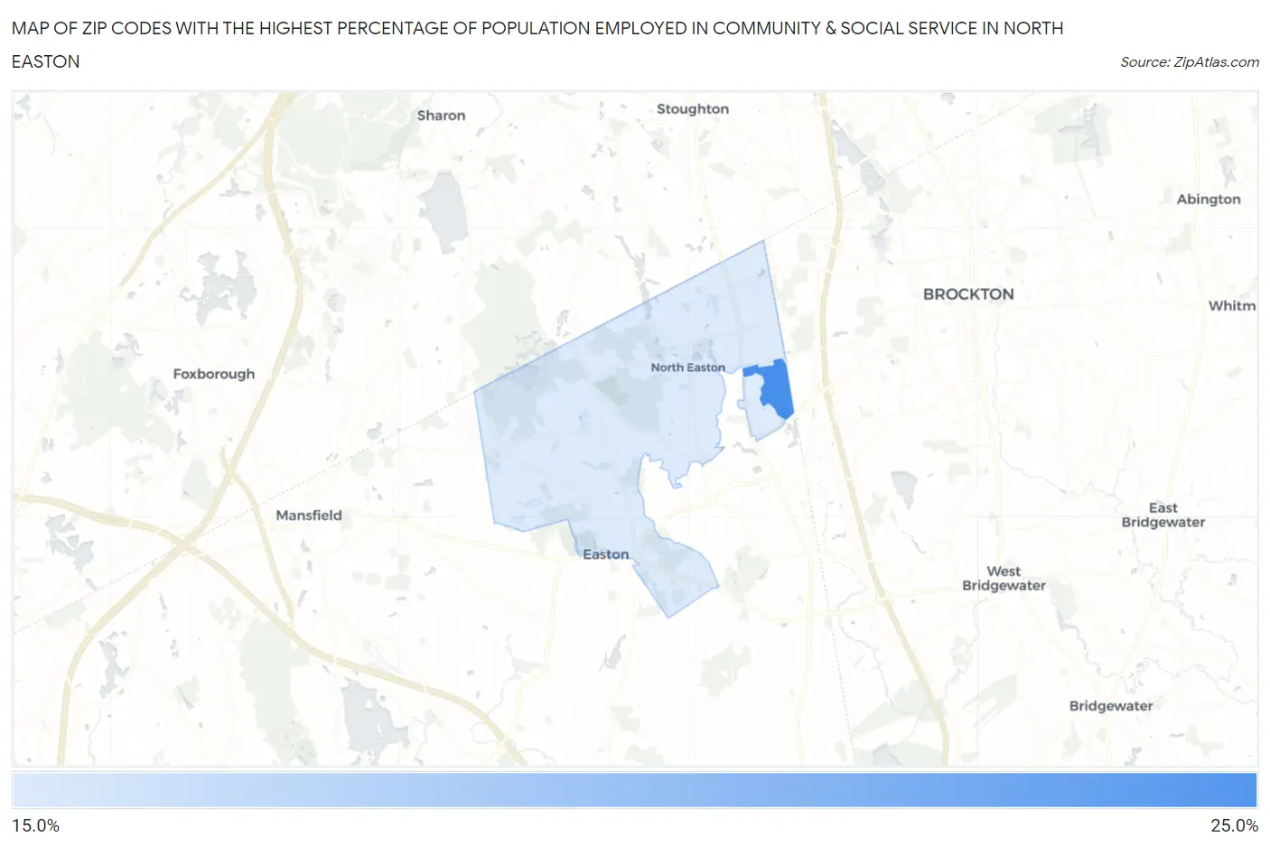 Zip Codes with the Highest Percentage of Population Employed in Community & Social Service  in North Easton Map
