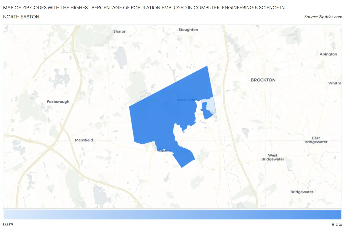 Zip Codes with the Highest Percentage of Population Employed in Computer, Engineering & Science in North Easton Map