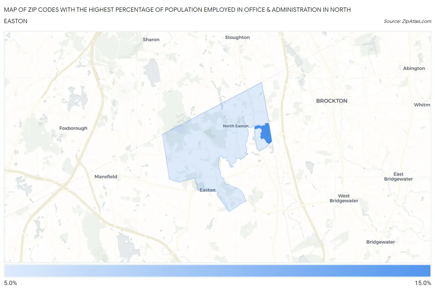 Zip Codes with the Highest Percentage of Population Employed in Office & Administration in North Easton Map