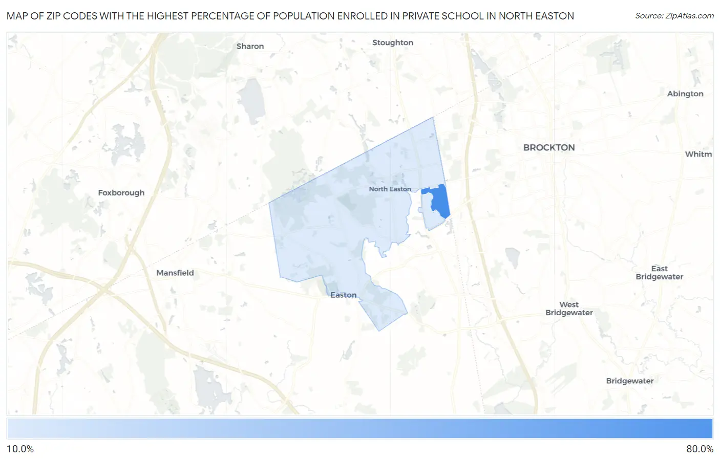 Zip Codes with the Highest Percentage of Population Enrolled in Private School in North Easton Map