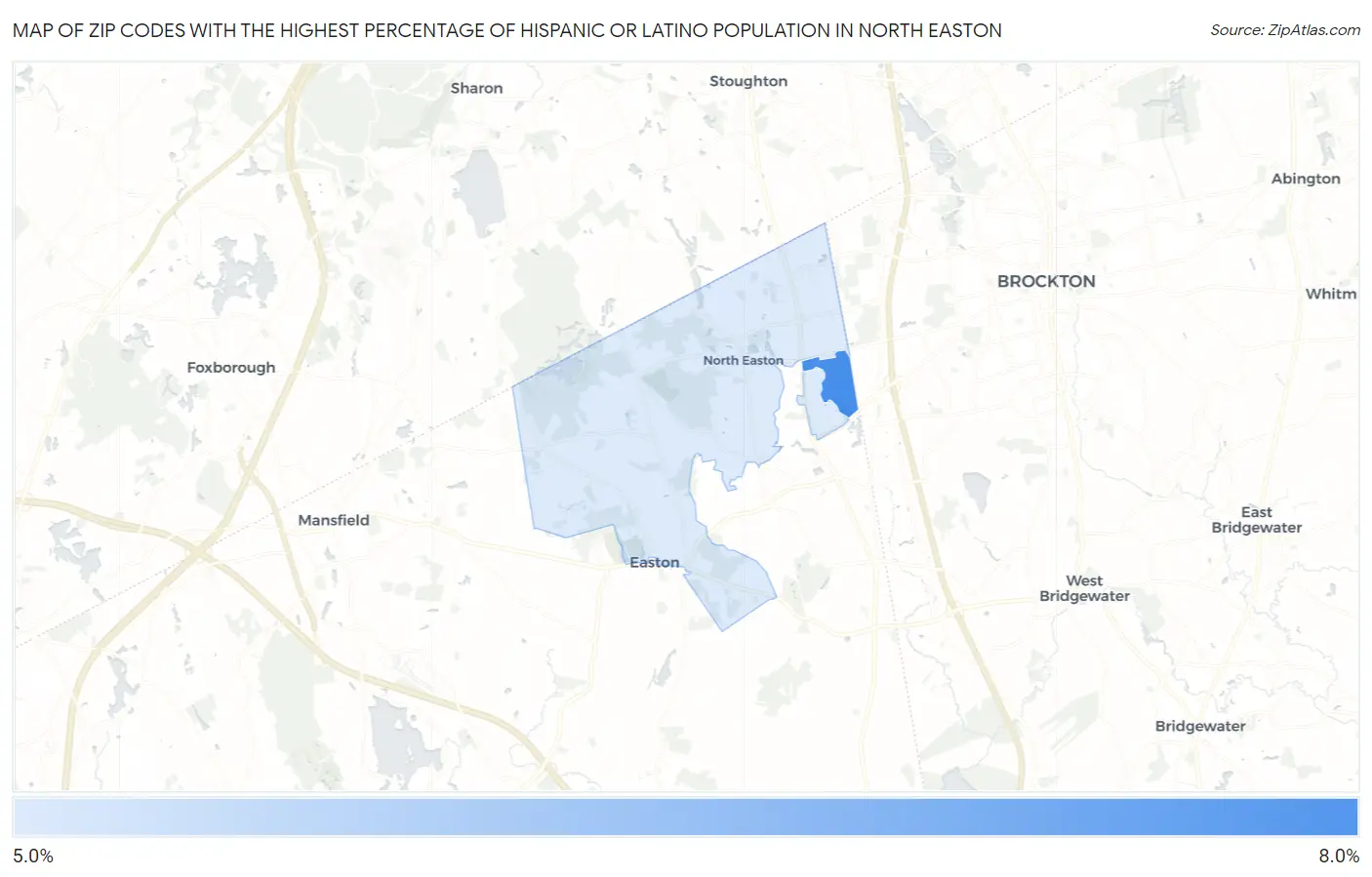 Zip Codes with the Highest Percentage of Hispanic or Latino Population in North Easton Map