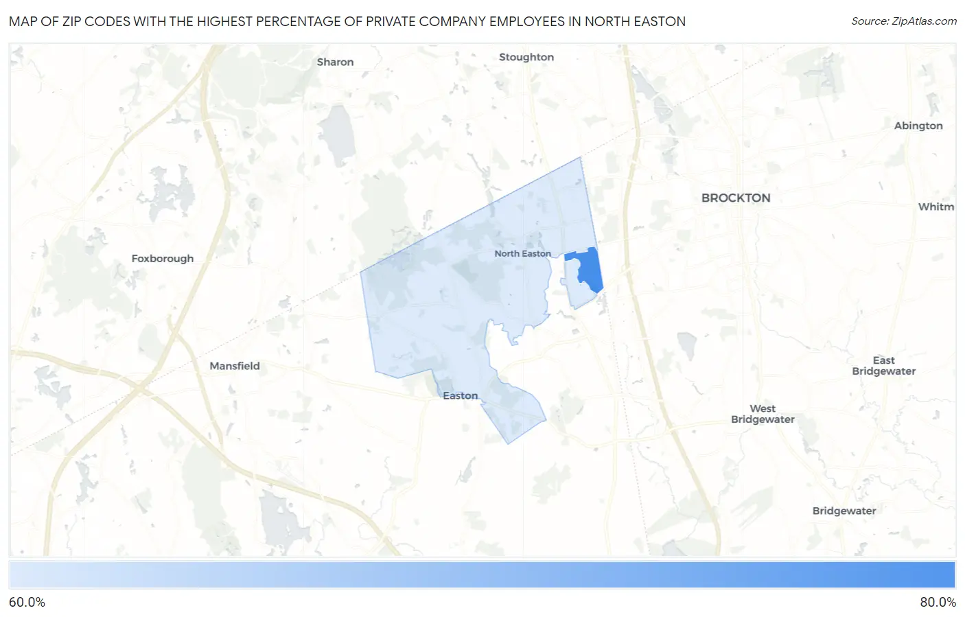 Zip Codes with the Highest Percentage of Private Company Employees in North Easton Map