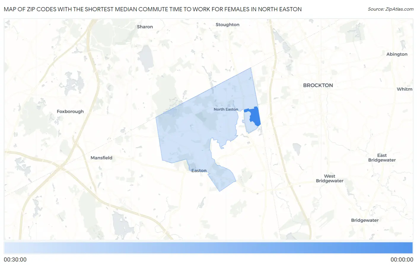 Zip Codes with the Shortest Median Commute Time to Work for Females in North Easton Map