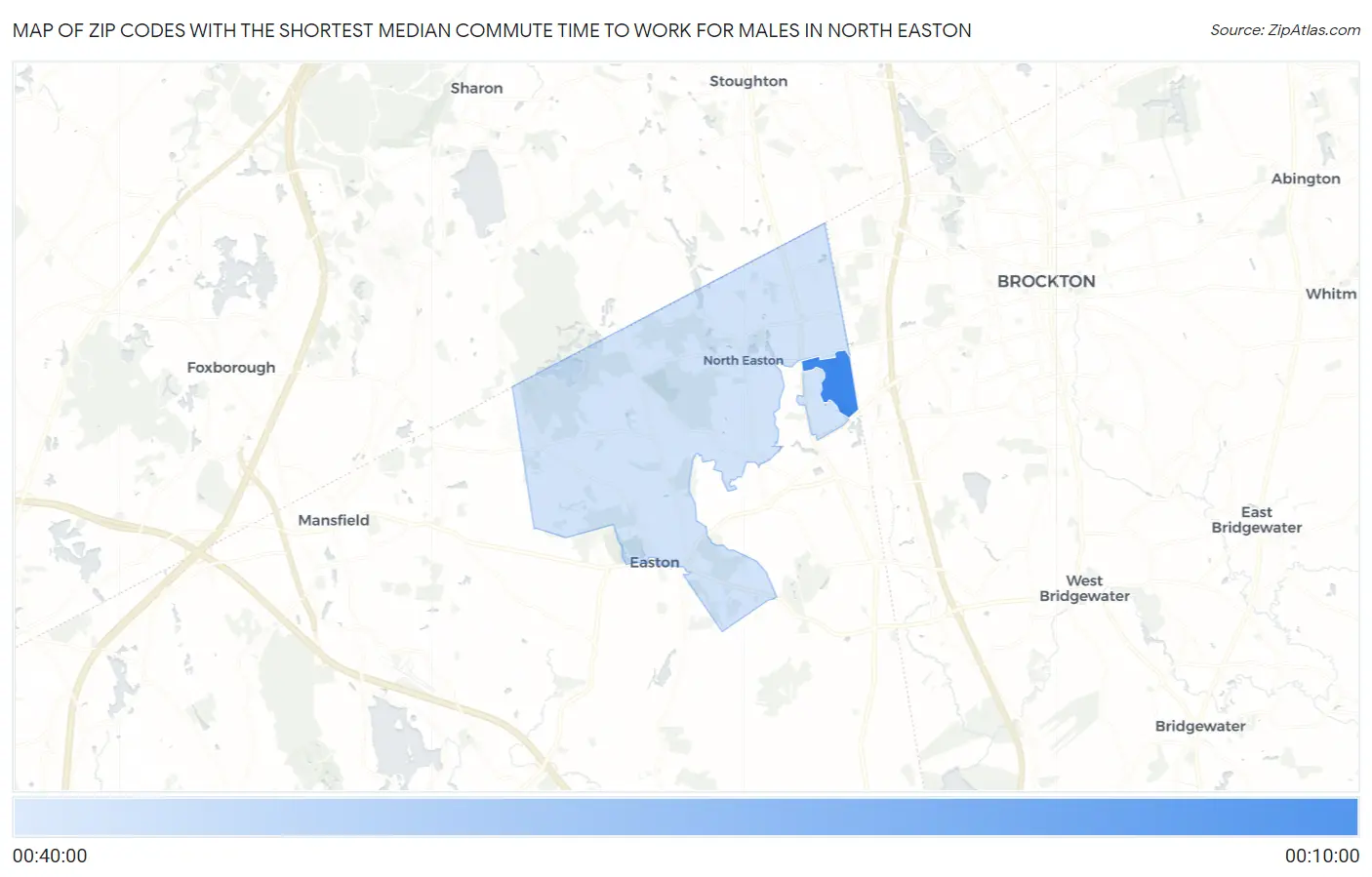 Zip Codes with the Shortest Median Commute Time to Work for Males in North Easton Map