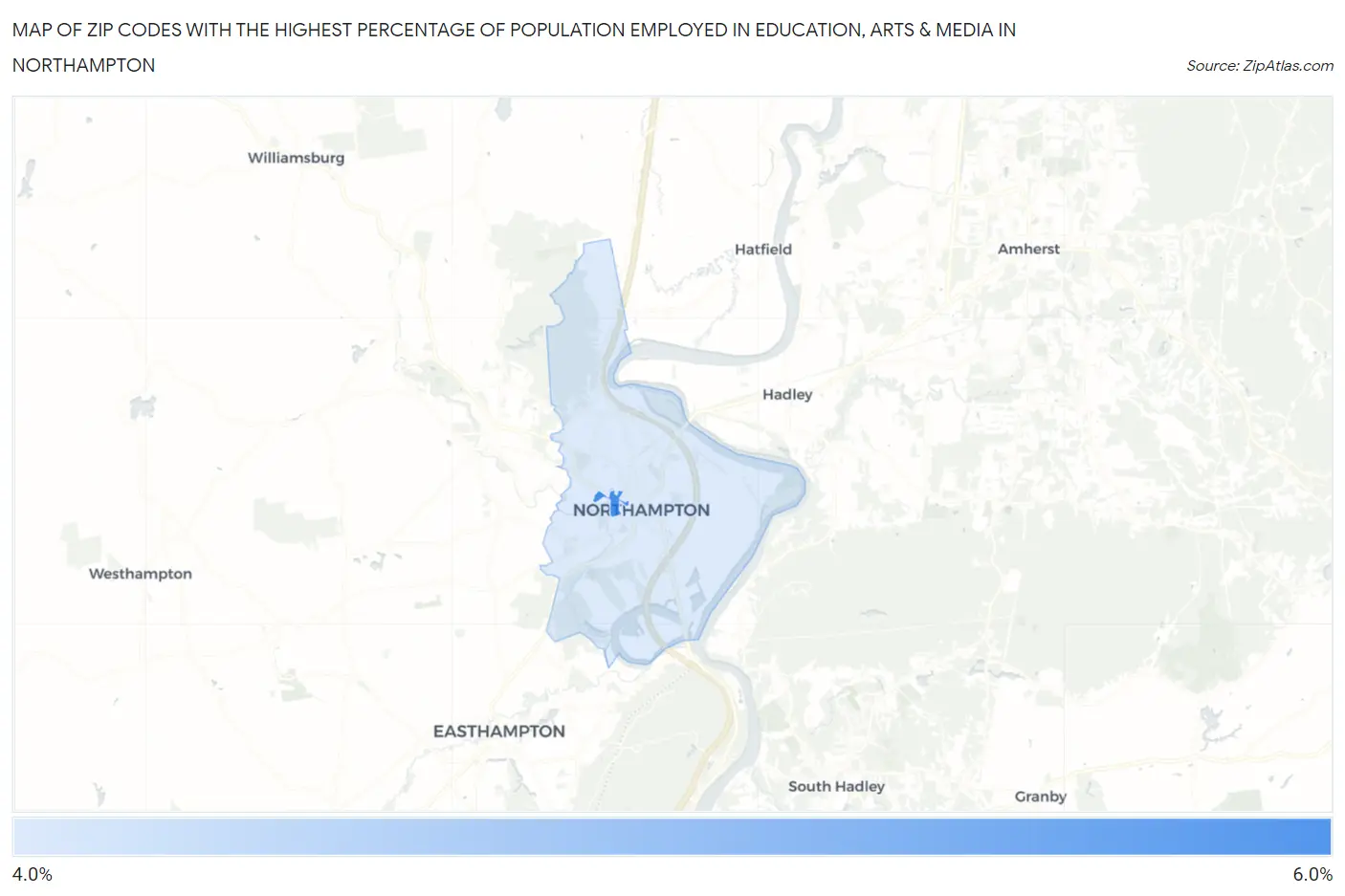 Zip Codes with the Highest Percentage of Population Employed in Education, Arts & Media in Northampton Map