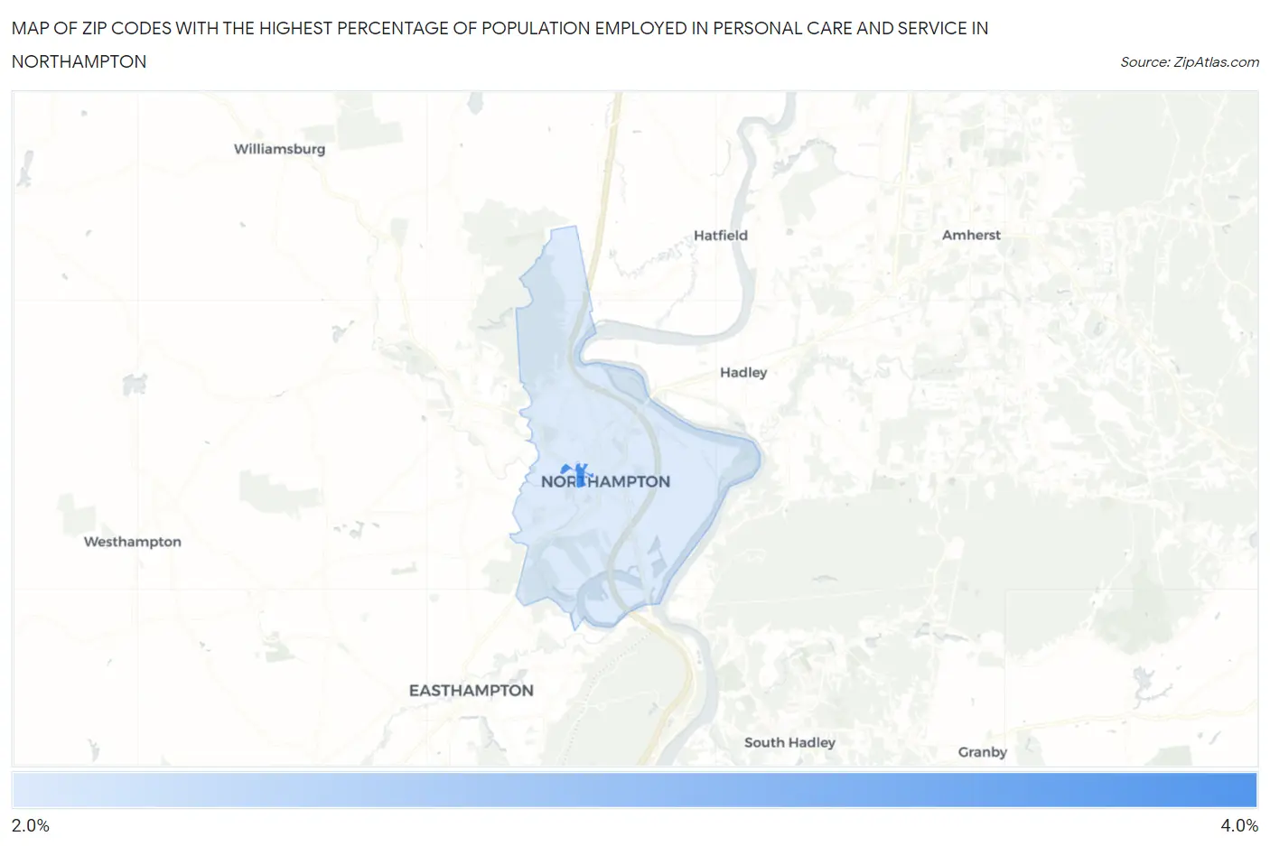 Zip Codes with the Highest Percentage of Population Employed in Personal Care and Service in Northampton Map