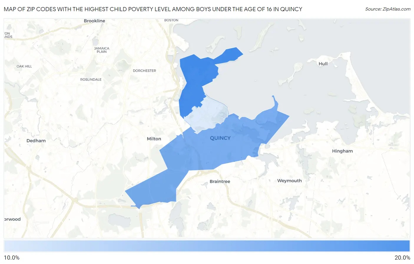 Zip Codes with the Highest Child Poverty Level Among Boys Under the Age of 16 in Quincy Map