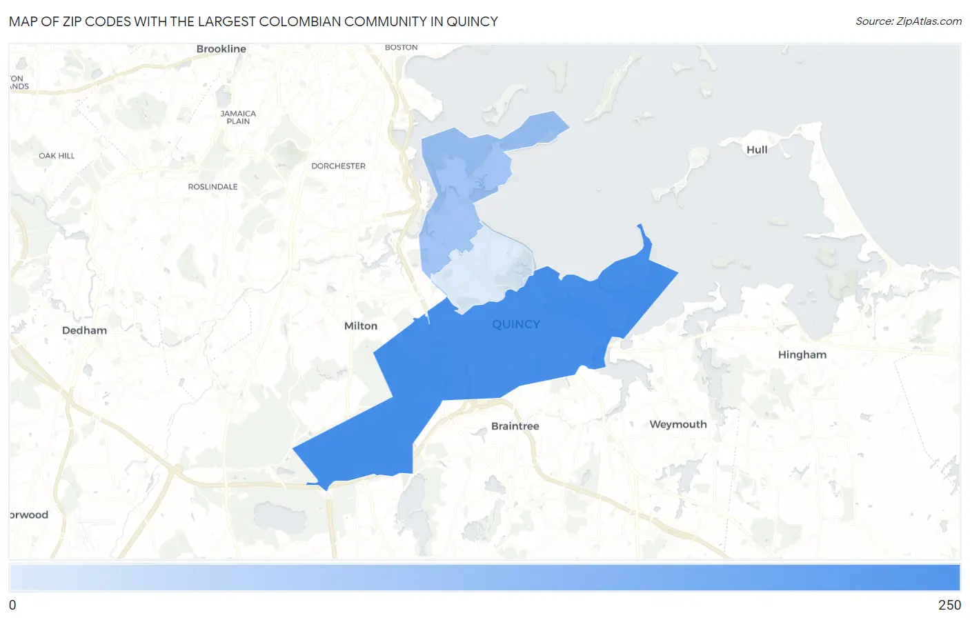 Zip Codes with the Largest Colombian Community in Quincy Map