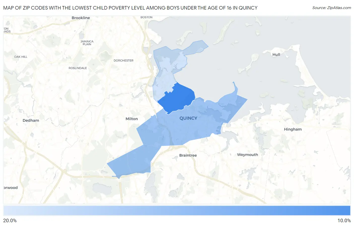 Zip Codes with the Lowest Child Poverty Level Among Boys Under the Age of 16 in Quincy Map