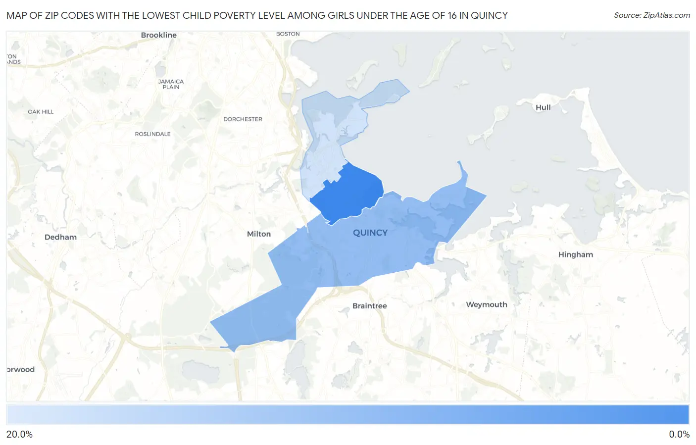 Zip Codes with the Lowest Child Poverty Level Among Girls Under the Age of 16 in Quincy Map