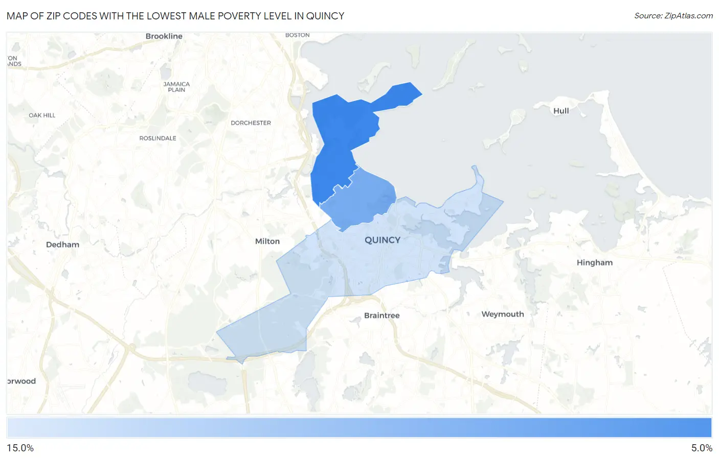 Zip Codes with the Lowest Male Poverty Level in Quincy Map