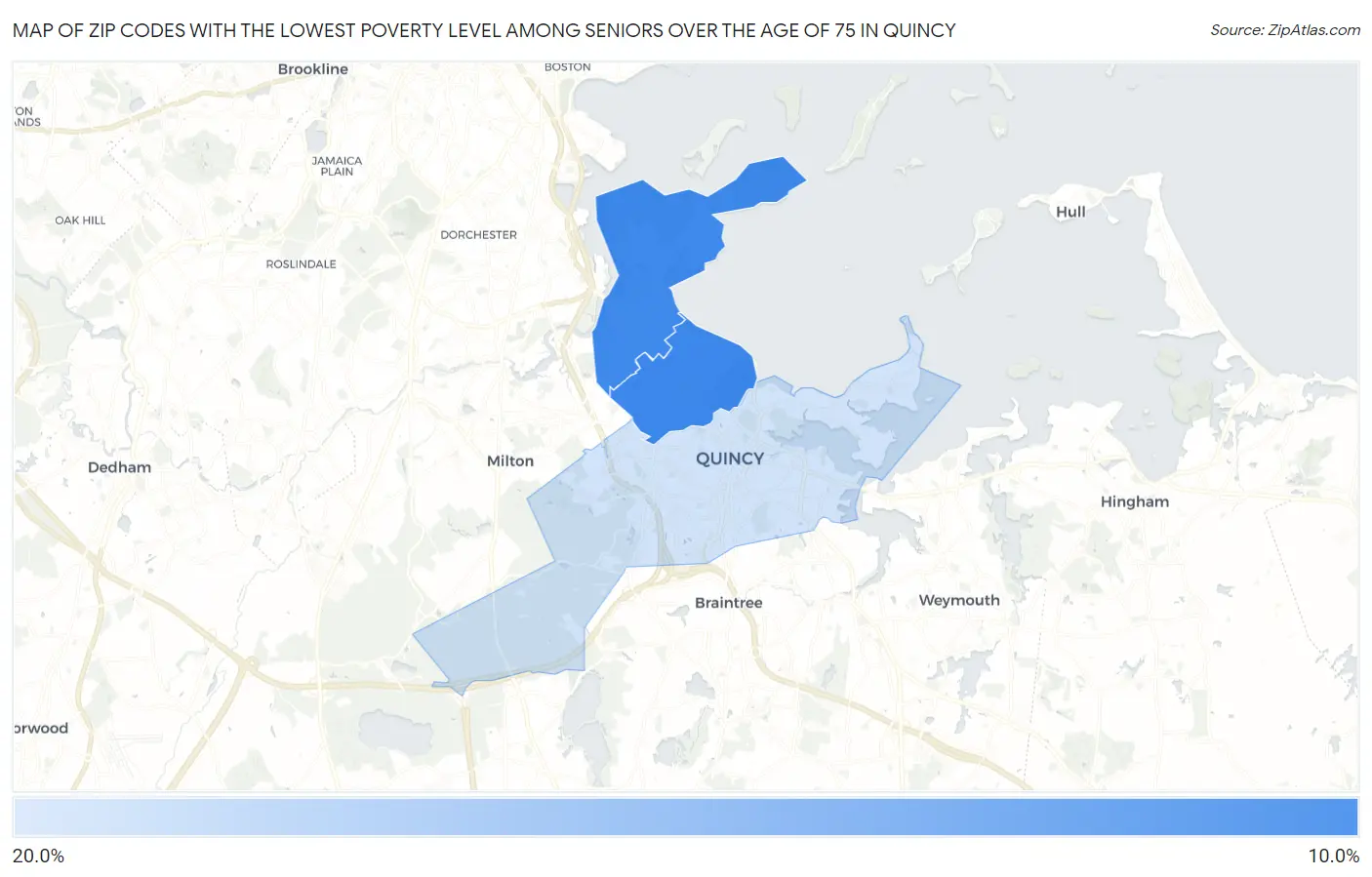 Zip Codes with the Lowest Poverty Level Among Seniors Over the Age of 75 in Quincy Map