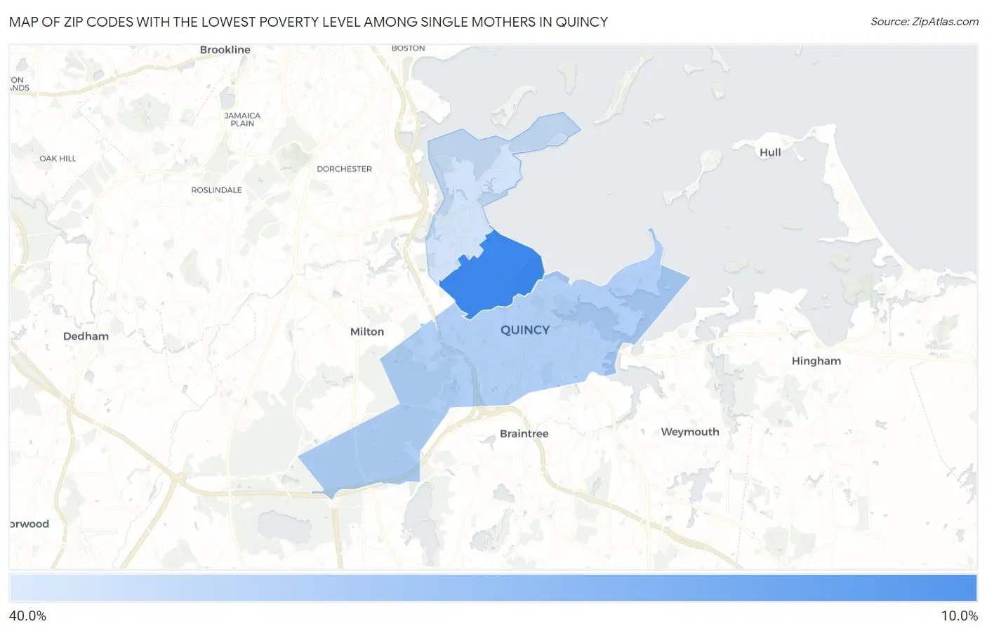 Zip Codes with the Lowest Poverty Level Among Single Mothers in Quincy Map