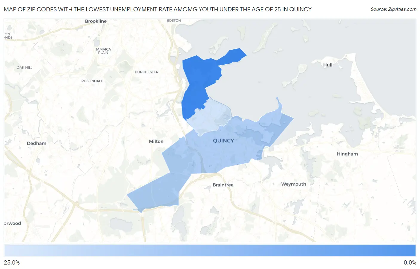 Zip Codes with the Lowest Unemployment Rate Amomg Youth Under the Age of 25 in Quincy Map