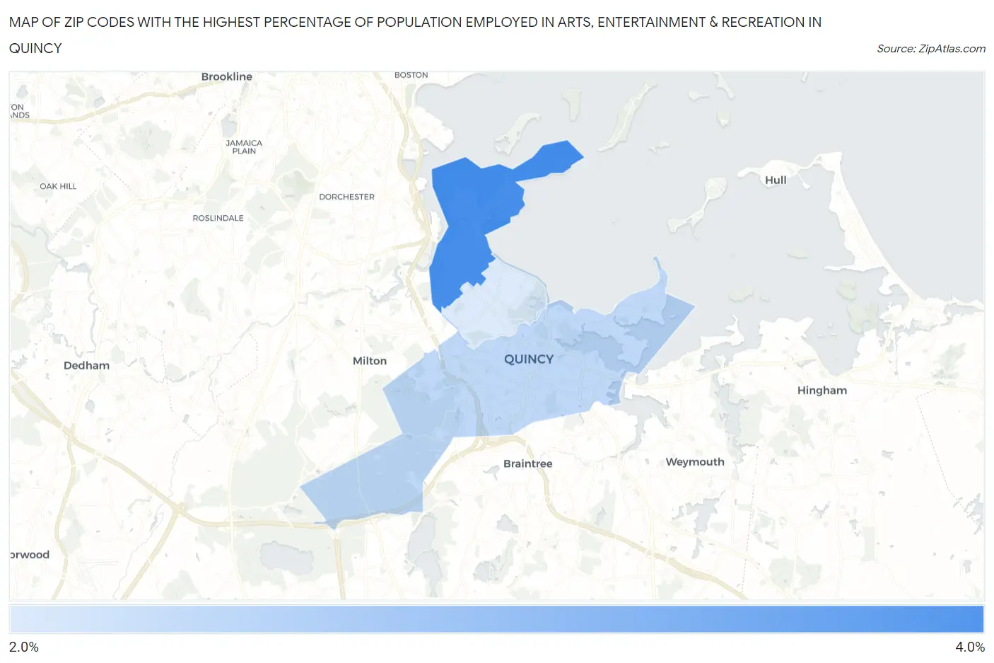 Zip Codes with the Highest Percentage of Population Employed in Arts, Entertainment & Recreation in Quincy Map