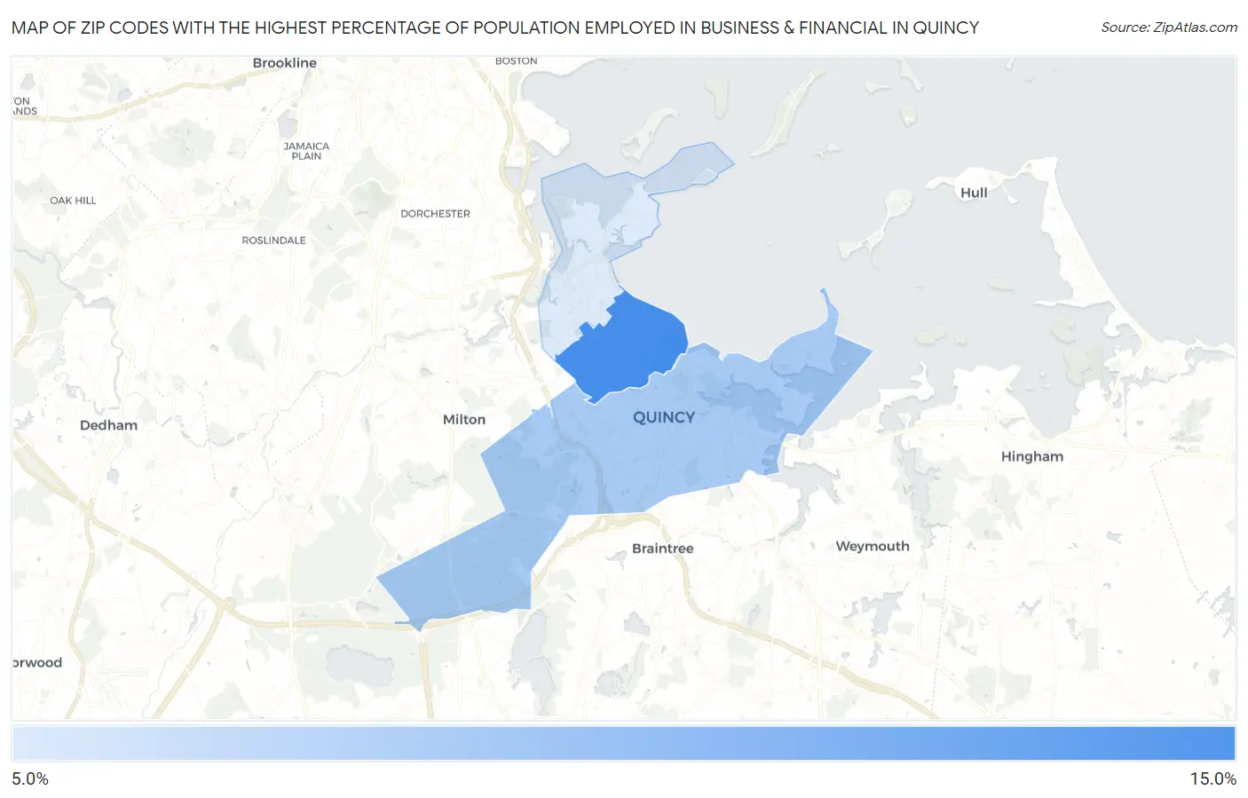 Zip Codes with the Highest Percentage of Population Employed in Business & Financial in Quincy Map