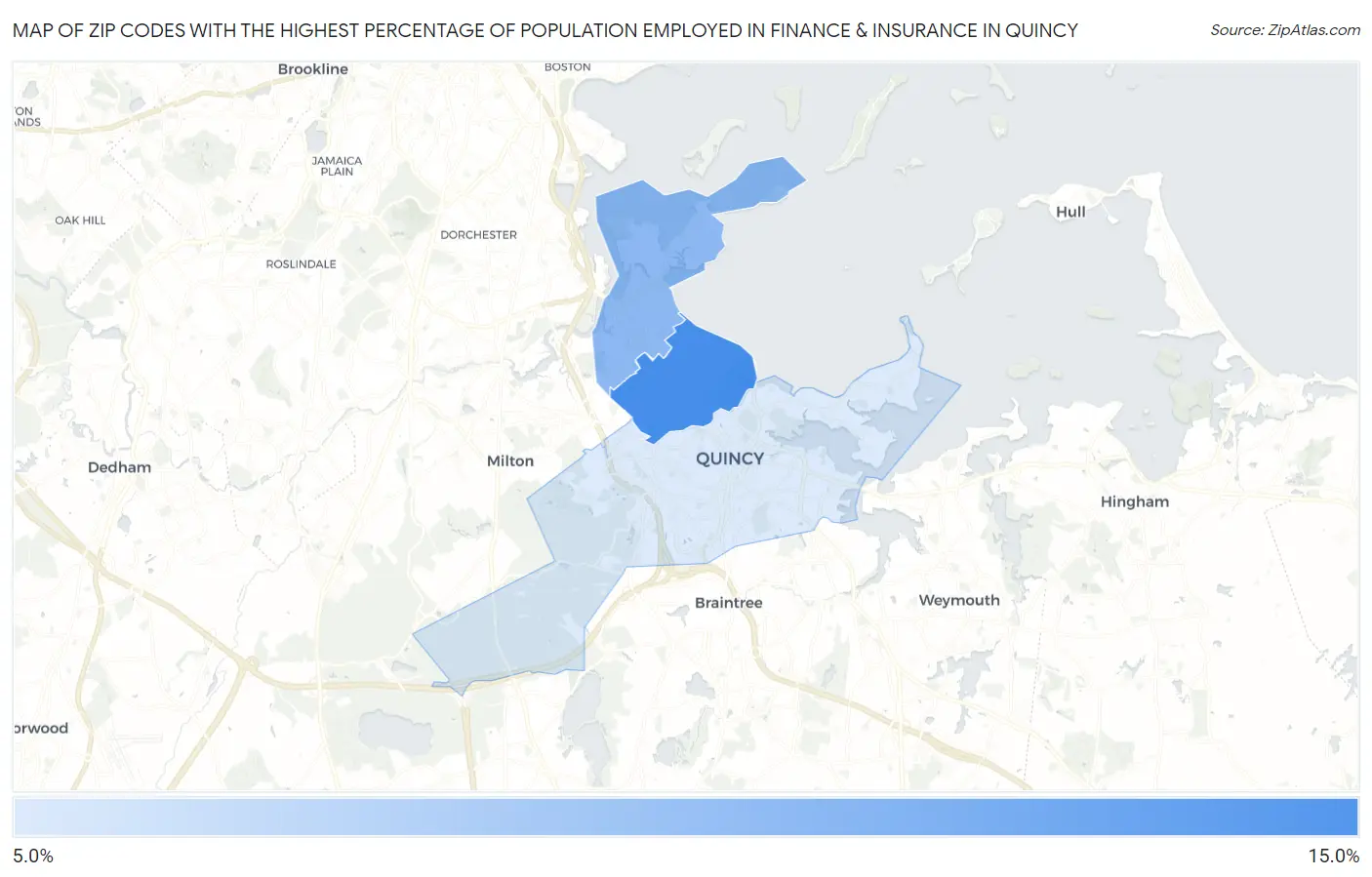 Zip Codes with the Highest Percentage of Population Employed in Finance & Insurance in Quincy Map