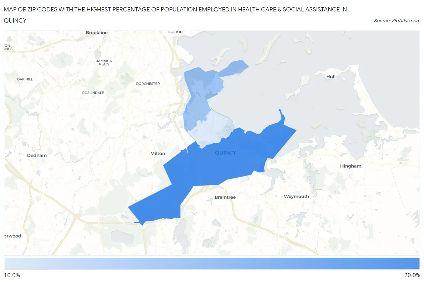 Zip Codes with the Highest Percentage of Population Employed in Health Care & Social Assistance in Quincy Map