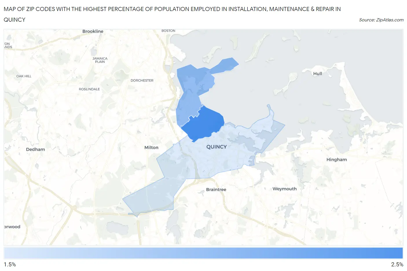 Zip Codes with the Highest Percentage of Population Employed in Installation, Maintenance & Repair in Quincy Map