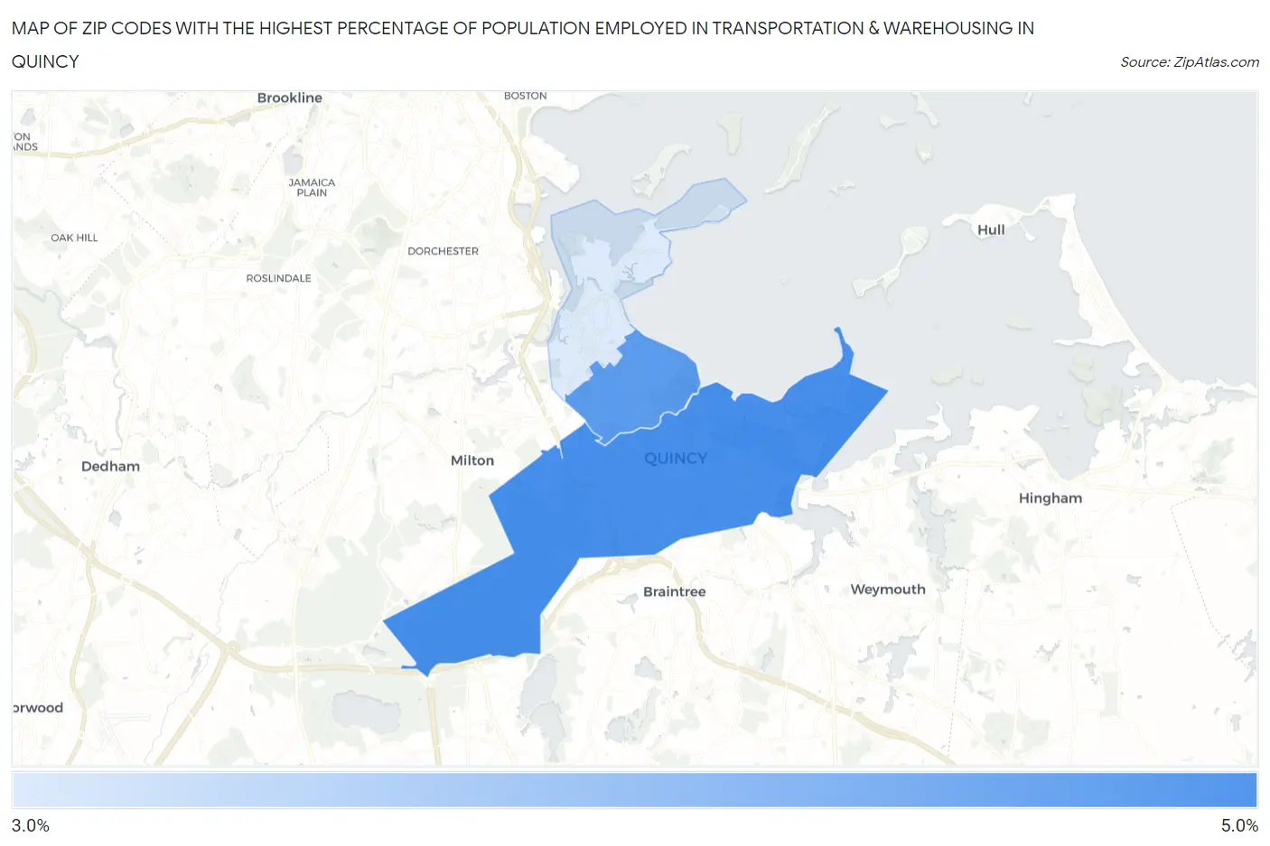 Zip Codes with the Highest Percentage of Population Employed in Transportation & Warehousing in Quincy Map