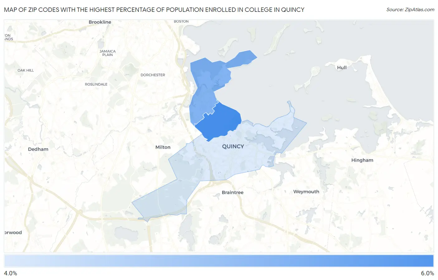 Zip Codes with the Highest Percentage of Population Enrolled in College in Quincy Map