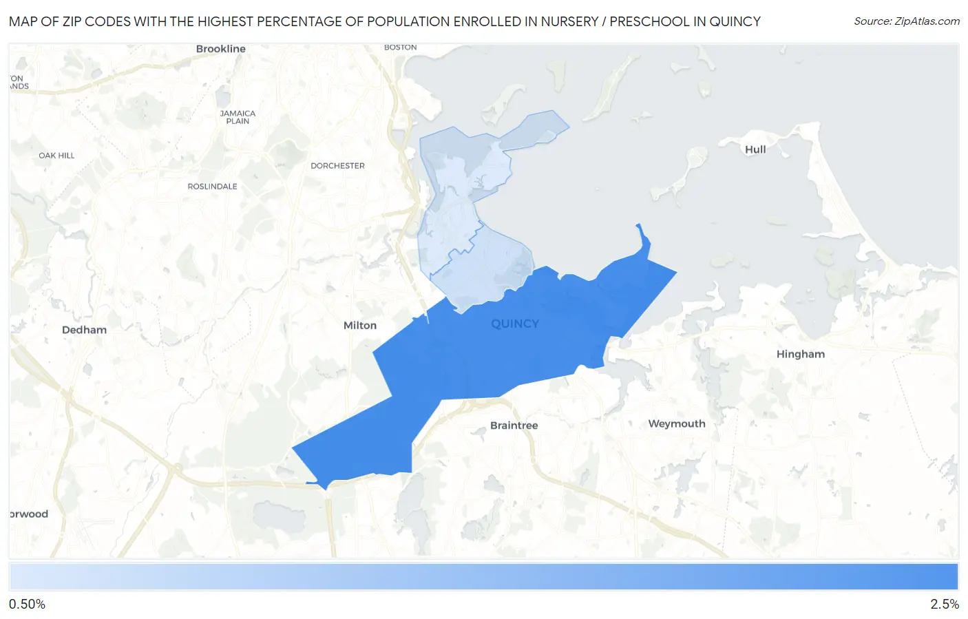 Zip Codes with the Highest Percentage of Population Enrolled in Nursery / Preschool in Quincy Map
